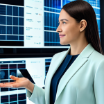 A confident professional female auctioneer, mid-shot, in a sleek, modern business suit with a crisp blouse, fully clothed, modest clothing, appropriate attire, professional dress. She stands in a brightly lit, high-tech auction hall. Large transparent digital screens surround her, displaying intricate blockchain ledgers, vibrant NFT art, and real-time data visualizations. She gestures with one hand towards a holographic display of a digital artwork, a tablet in her other hand, her expression focused and knowledgeable. Perfect anatomy, correct proportions, natural pose, well-formed hands, proper finger count, natural body proportions. Professional photography, high resolution, sharp focus, clean composition, natural light. Safe for work, appropriate content, family-friendly.
