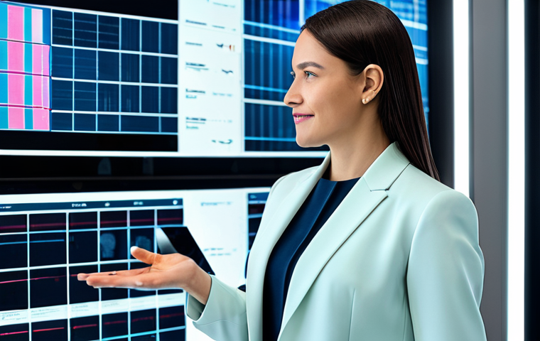A confident professional female auctioneer, mid-shot, in a sleek, modern business suit with a crisp blouse, fully clothed, modest clothing, appropriate attire, professional dress. She stands in a brightly lit, high-tech auction hall. Large transparent digital screens surround her, displaying intricate blockchain ledgers, vibrant NFT art, and real-time data visualizations. She gestures with one hand towards a holographic display of a digital artwork, a tablet in her other hand, her expression focused and knowledgeable. Perfect anatomy, correct proportions, natural pose, well-formed hands, proper finger count, natural body proportions. Professional photography, high resolution, sharp focus, clean composition, natural light. Safe for work, appropriate content, family-friendly.