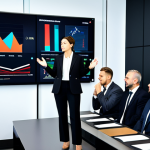 A professional female auctioneer in a modest business suit, fully clothed, participating in a modern training session within a sleek conference room. Large screens in the background display abstract digital art and dynamic market trend graphs. She is attentively engaged, gesturing thoughtfully, surrounded by diverse professional colleagues. Perfect anatomy, correct proportions, natural pose, well-formed hands, proper finger count, natural body proportions, safe for work, appropriate content, family-friendly, professional photography, high resolution.