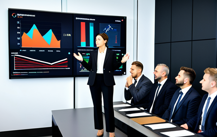 A professional female auctioneer in a modest business suit, fully clothed, participating in a modern training session within a sleek conference room. Large screens in the background display abstract digital art and dynamic market trend graphs. She is attentively engaged, gesturing thoughtfully, surrounded by diverse professional colleagues. Perfect anatomy, correct proportions, natural pose, well-formed hands, proper finger count, natural body proportions, safe for work, appropriate content, family-friendly, professional photography, high resolution.