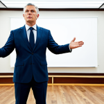 A highly professional auctioneer, fully clothed in a modest, modern business suit, stands confidently at a podium in a contemporary auction house. The auctioneer holds a gavel, looking towards an unseen audience with a calm and expert expression. The background features blurred, subtle high-value art pieces or real estate projections, emphasizing the significance of the assets. The setting is bright and spacious, conveying an atmosphere of trust and precision. safe for work, appropriate content, professional, perfect anatomy, correct proportions, natural pose, well-formed hands, proper finger count, high quality professional photography.