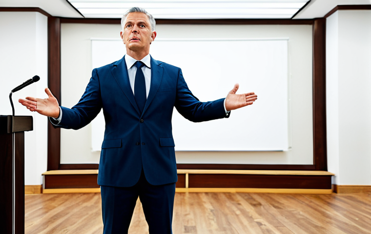 A highly professional auctioneer, fully clothed in a modest, modern business suit, stands confidently at a podium in a contemporary auction house. The auctioneer holds a gavel, looking towards an unseen audience with a calm and expert expression. The background features blurred, subtle high-value art pieces or real estate projections, emphasizing the significance of the assets. The setting is bright and spacious, conveying an atmosphere of trust and precision. safe for work, appropriate content, professional, perfect anatomy, correct proportions, natural pose, well-formed hands, proper finger count, high quality professional photography.