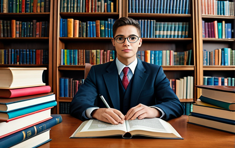 경매사 필기시험을 위한 효과적인 암기법 - "A student surrounded by open law books and colorful drawings representing legal terms, sitting at a...