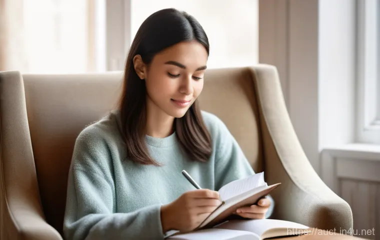 경매사 실기시험 준비 과정 체크리스트 - A young woman in her late 20s, with a serene expression, is sitting comfortably on a soft armchair i...
