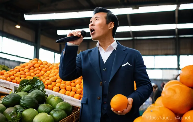 경매사 시험 준비 관련 유용한 참고 사이트 - **Prompt 1: Energetic Auctioneer in a Bustling Market**
A dynamic, professional male auctioneer ...