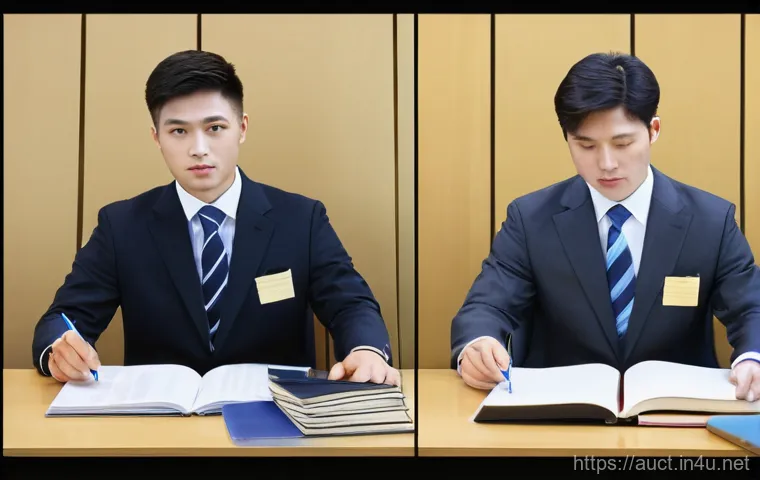 경매사 시험 합격률과 난이도 - A dynamic, wide-angle shot of a Korean male or female auctioneer in their late 30s to early 40s, dre...