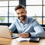 경매사 관련 블로그 운영 팁 - A professional and engaging male blogger in his late 30s or early 40s, with a friendly smile, is sea...