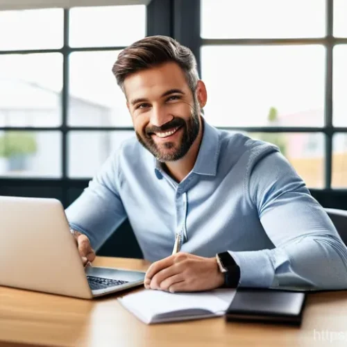 경매사 관련 블로그 운영 팁 - A professional and engaging male blogger in his late 30s or early 40s, with a friendly smile, is sea...