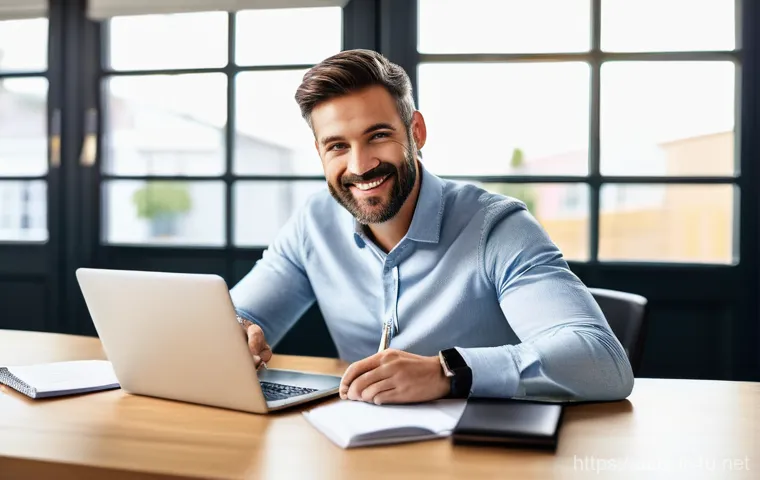 경매사 관련 블로그 운영 팁 - A professional and engaging male blogger in his late 30s or early 40s, with a friendly smile, is sea...