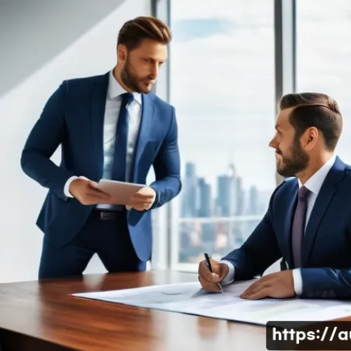 경매사 자격증과 연관된 직업 목록 - A professional male real estate auctioneer, dressed in a sharp business suit, is seated at a polishe...