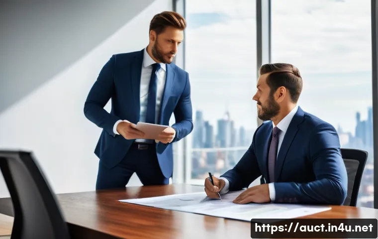 경매사 자격증과 연관된 직업 목록 - A professional male real estate auctioneer, dressed in a sharp business suit, is seated at a polishe...
